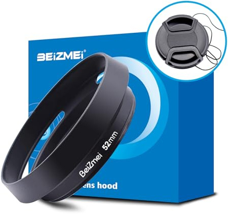 Paraluce per fotocamera da 52 mm, in metallo, compatibile con tutti gli obiettivi della fotocamera con filettatura da 52 mm (modello universale) + copriobiettivo da 52 mm (cappuccio da 52 mm)