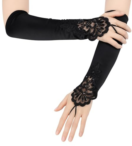 Lynqvor Guantes largos de encaje para mujer, de satén, Ideales para Bodas, Novias, Disfraces, Navidad y Halloween - Guantes de Ópera Vintage para Eventos Formales y Especiales