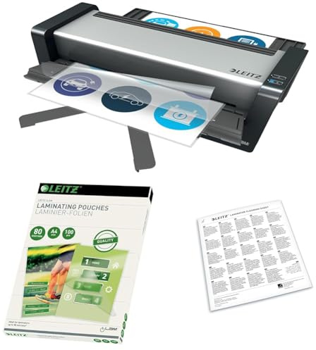 Leitz iLAM Set A3 Laminiergerät Touch Turbo Pro, Vollautomatisches High Speed Premium Gerät, 75190000 + Laminierfolien A4 80 mic 100er Pack, 33818 + Premium A3/A4-Reinigungsblätter 5er-Pack, 72550000