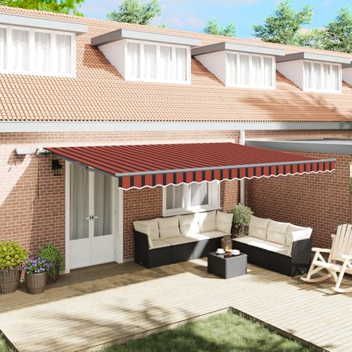 Youuihom Manuell Einziehbare Markise Orange Braun 500x350 cm Polyester Stoff Rechteckig mit LED Beleuchtung für Terrasse Balkon und Garten Sonnenschutz Markise mit Montagematerial