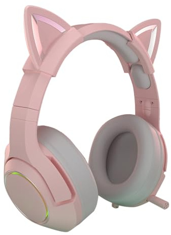 Casque de jeu avec micro, écouteurs détachables avec oreilles de chat, design oreilles de chat avec éclairage RVB, casque serre-tête réglable, son surround 7.1, casque léger sur (Version bouchon à