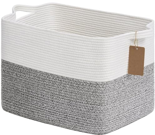 TIMEYARD 50L Aufbewahrungskorb Geflochten mit Griffen 46x36x30cm Grau Weiß | Großer Korb für Spielzeug, Decken und Kleidung. Ideal für Kinderzimmer, Wohnzimmer und Schlafzimmer