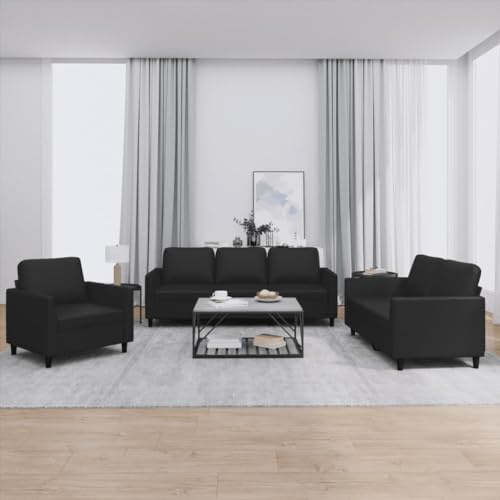 Owoxanthellate 3-teilige Schwarz Kunstleder Couch Garnitur 80x77x80 cm Sessel Zweisitzer Dreisitzer Modernes Design Robustes Gestell Bequeme Polsterung für Wohnzimmer Büro Schlafzimmer