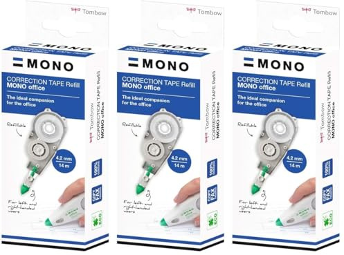 Tombow MONO office Nachfüllkassette, 4,2 mm x 14 m, mittiges Abrollen für Links- & Rechtshänder, umweltfreundlich dank recyceltem Material [CT-CRE4] (Packung mit 3)
