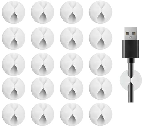 12 Pcs White Round Cable Clips, Self Adhesive Silicone Cord Organiser, Desk Office Wire Management Holder for Charger USB Cable, Phone Cord Keeper, Home Office Accessories White