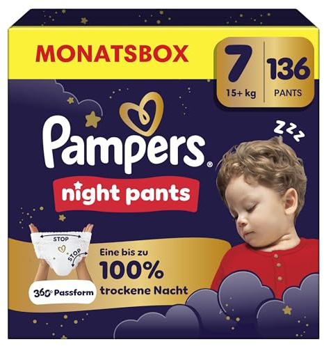 Pampers Night Pants Größe 7, 136 Windeln, 15kg+, bieten zusätzlichen Schutz für die ganze Nacht