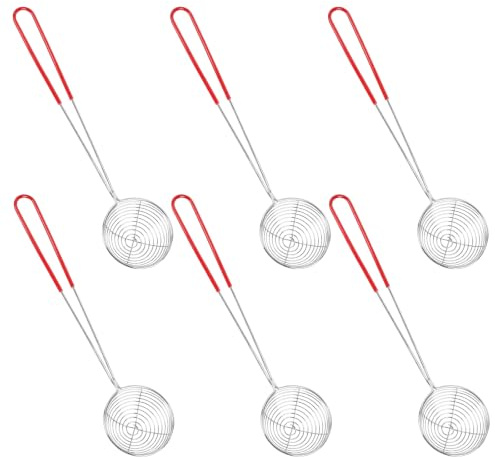 Akamino 6 Pcs Spider Strainer Spoon, 2.5 inch Dia Small Stainless Steel Draining Spoon with Long Handle, Round Hot Pot Strainer Wired Skimmer Ladle for Cooking Frying Boiling Noodles Pasta