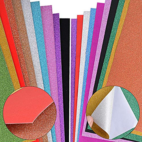 20 Blatt A4 Glitzerpapier selbstklebend + Glitzerpapier glänzend bunt Bling für Scrapbooking Karte Dekoration Album DIY Basteln Handwerk (10 Stück Kleber + 10 Stück normal)