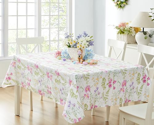 Newbridge Easter Wildflower Fields Floral Vinyl Flannel Backed Tablecloth, 60 x 84 Inch Rectangle, Pink and Purple Wild Flowers Easy Care Vinyl Tablecloth with Flannel Backing for Holiday Party