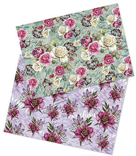 Ideen mit Herz 2 Bogen Reispapier | Edel-Decoupage-Papier | DIN A4 | 2 Verschiedene Designs | Vintage, Weihnachten und andere (Blumen 03)