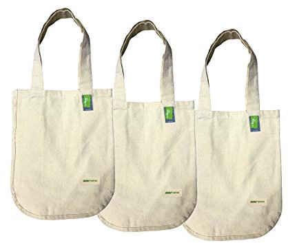 AMOUR INFINI Reusable Shopping Bag with Bottle Sleeves | 100% Organic Cotton | Set of 3 | Tote Bags for Grocery, Vegetable & Shoulder bags with Handles | Foldable Market Bag | Super strong & Washable