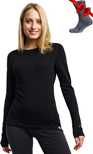 100% Merino Shirt Damen Langarm - Merino Unterwäsche Damen + Wollsocken (Large, Black 250)