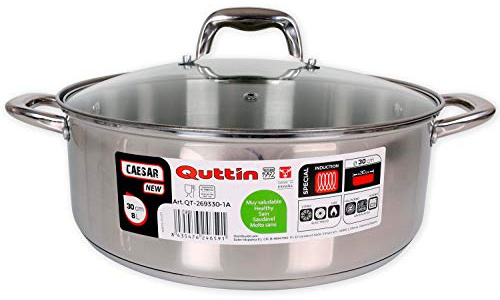 Quttin New Caesar Professioneller Kochtopf für Induktion, Küche und Backofen, großer Topf, Edelstahl, antihaftbeschichtet, Glasdeckel und Griffe, 30 cm / 8 L