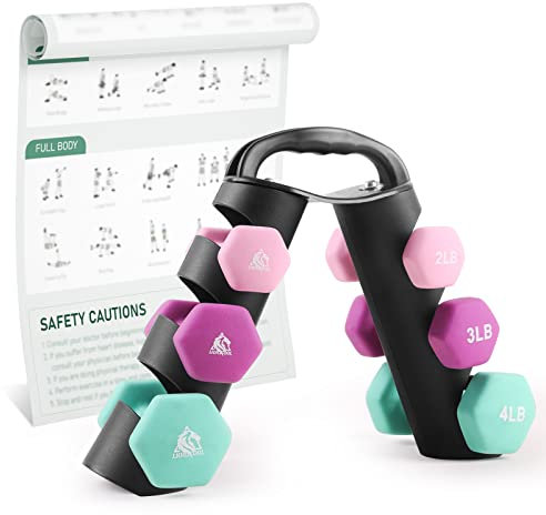 LIONSCOOL Get Fit 2LB 3LB 4LB Pair Neoprene Coated Dumbbell Set with Sturdy and Portable Rack, All Purpose Premium Hex Dumbbell Set for Home Gym and Strength Training, No Assembly Needed