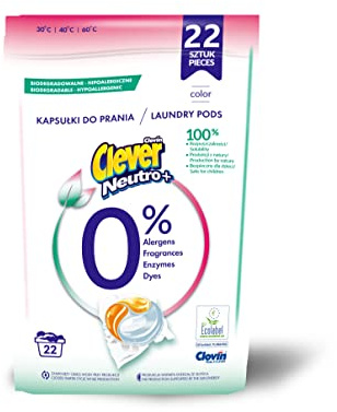 CLEVER Gorros de lavado neutro biodegradables 3 cámaras (22 Lavados) doypack Detergente hipoalergénico para ropa colorida 396 g