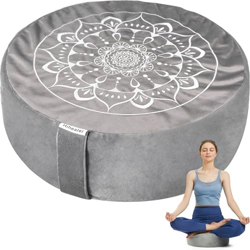 Hihealer Meditation Cushion with Velvet Cover - Large Traditional Tibetan Meditation Yoga Floor Cushion Pillow Zafu Filled by Buckwheat Hulls, Great Christmas Xmas Gifts for Women (Calmly Grey)