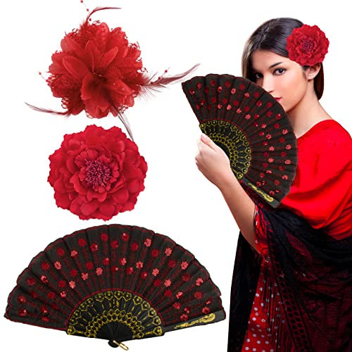 BOFUNX Abanico Español+2pcs Flor Broche Clips de Pelo de Flor Horquillas Tocado Pinza para Cabello Accesorios para Bailarina de Flamenco Novia Mujer Niña para Fiestas Sevillana Boda