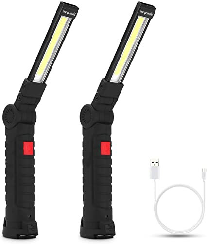 2 Pack Torce LED, Luce Meccanica con Base Magnetica e Gancio Appeso, Torce Ricaricabili Rotanti a 360° per Riparazione Auto, Campeggio, Grill, Emergenza