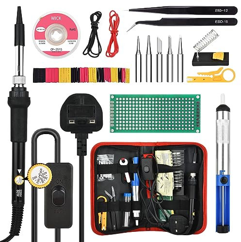 Lötkolben Set, 60 W, einstellbare Temperatur 200–450 °C, Lötkolben-Pistolen-Set, Schweißwerkzeuge mit Ein-/Aus-Schalter, 5 Lötspitzen, Entlötpumpe, Zinndrahtrohr, Ständer, Abisolierschneider, Pinzette