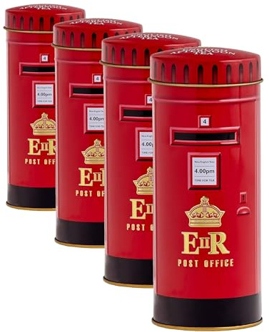 New English Teas British Post Box Tea Caddy with 14 English Breakfast Teabags, UK and London Souvenirs (Pack of 4)