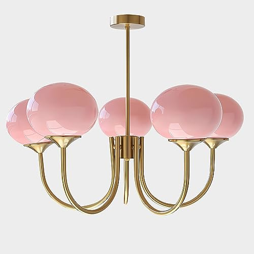 Flyrose 5-Light Pink Glass Ceiling Light Brass Gold Globe Pendant Light Modern Pink Bubble Chandelier Girls Bedroom Chandelier Light Fixture
