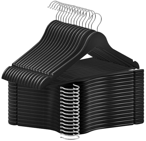 ABHENG Grucce Legno, 30 Pezzi, Appendiabiti in legno per abiti, Grucce naturale Salvaspazio per Armadio, Gancio girevole 360°, Barra Portapantaloni Antiscivolo,Nero, AWY0330B
