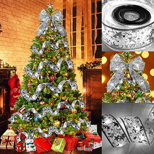 Qivine 10M Guirlande Lumineuse de Noël en Ruban avec 100 LED, Guirlandes Lumineuses à Ruban Brillant, Arc en Dentelle DIY Décor Sapin Vacances, Décoration de Maison D'arbre de Noël (Argent)