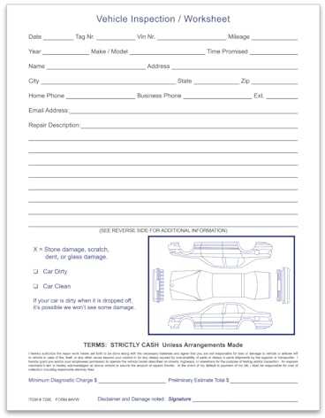 Vehicle Inspection Worksheet (Car Dealer Service Body Shop Form) (1 Pad of 100) for pre-Service Write-up Car Dealership