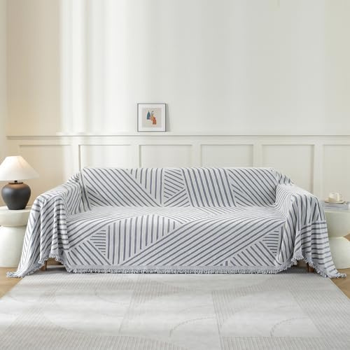 YSTELLAA Sofföverdrag 3-Sits, 180×340CM, Chenille Ab-Sidigt Överdrag För Hörnsoffa, Pet Soff Cover Överdrag, Sofföverkast Fläckbeständig Heminrednin, Sofföverdrag Med Tofs, Ljusgrå-Line