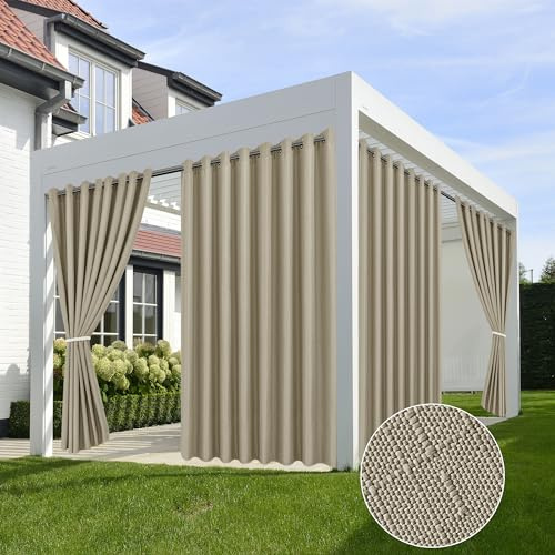 HolidayIdeas 4 Panels Linen Outdoor Curtains for Patio Waterproof Taupe Outside Curtains 110x84-Gazebo Wide Curtains Weighted Privacy for Pergola, Porch, Cabana, Living Room, Backyard, Pavilion