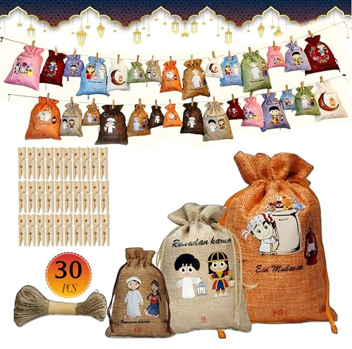 Ramadan Kalender 2026, 30Ramadan Kalender Zum Befüllen Stoff,3Größen Ramazan kalender Tüten für kinder,ramadan Adventsalender,Ramadan Kalender Set zum Aufstellen und Dekorieren SANYU