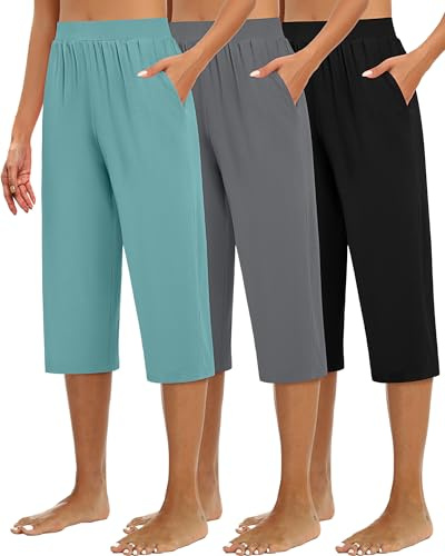 Huukeay 3 Pack Women's Capri Sweatpants Cozy Wide Legs Cropped Capri with Pockets Lounge Jogger Pants Workout Yoga Solid(Small,Black, Gray, Turquoise)