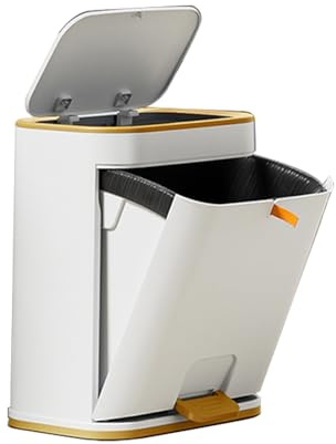 Bathroom Trash Can with Lid, Plastic 3 Gallon Garbage can with Press top Lid Gold Step Pedal Trash can, Narrow White Trash bin for Bathroom, Bedroom, Restroom, Living Room, Office, Dog Proof Trash Can