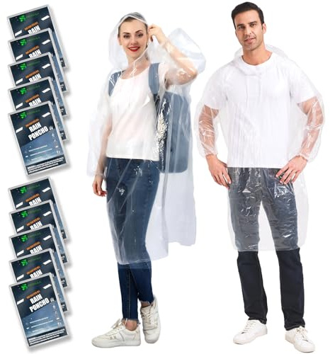 SWOGAA Disposable Rain Ponchos for Adults 10 Pack - 50% Extra Thicker Men or Women Waterproof Emergency Rain Ponchos with Hood - Clear