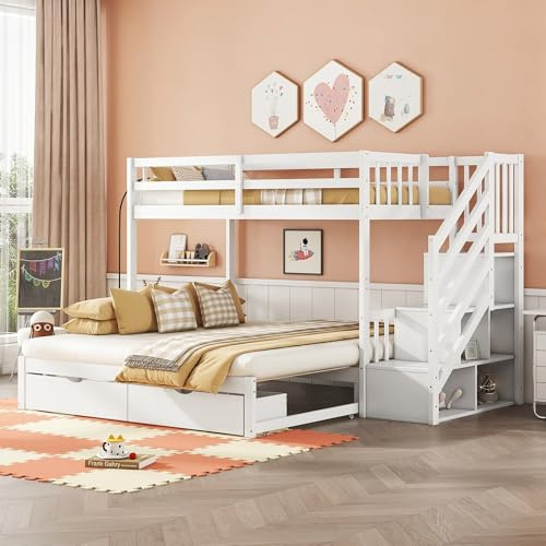 Soweiz Litera, cuna 90 x 200 cm, cama nido, cama con somier (sin colchón), escalones almacenables, dos cajones, madera de pino, minimalista, color blanco