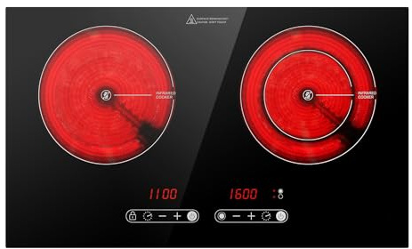 Dual Coil Design of 2 Burner Cooker, 1800W Electric Ceramic Hot Plate for Cooking, Infrared Double Burner Portable Countertop or 24inch Built-in Cooktop Radiant Stove Top, Compatible with All Cookware