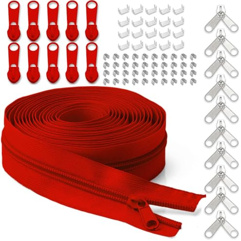 LHZHLE Durchgehende Reißverschlüsse Rolle zum Nähen: 9,1 m Armeegrün Nylon-Reißverschlussband mit 20 Schiebern (07 Rot, Nr. 5 Reißverschluss 9,15 m)