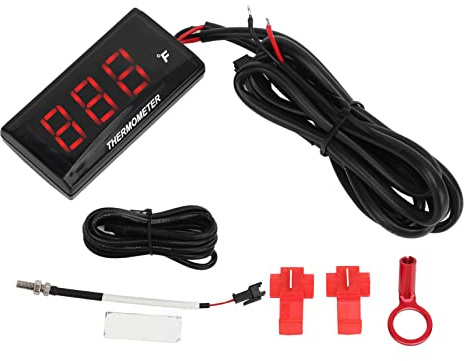LCD Motorcycle Thermometer, Ultra Thin Water Temp Meter, DC12V Temp for Universal Motorcycles, Bright Display, Warning Flash (Red)