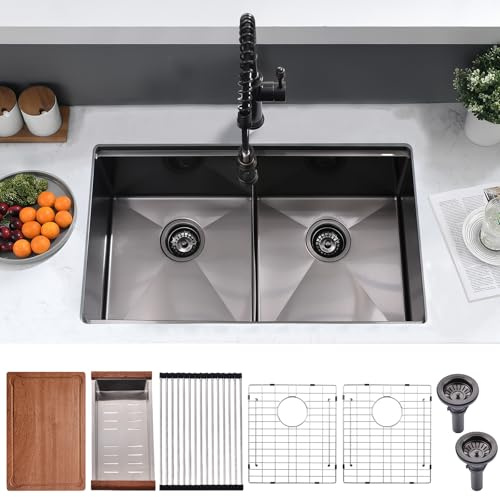 BWXIAOC 33 Inch Black Double Bowl Kitchen Sink Undermount- 16 Gauge Stainless Steel Undermount Workstation Kitchen Sink Double Bowl 50/50, 33x19 Inch