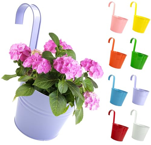 XXXFLOWER 16cm Hanging Metal Flower Pots，Hanging Garden Planter with Detachable Hooks and Drainage Hole，Balcony Home Garden Decor(8 Pcs with Mixed 8 Colours)