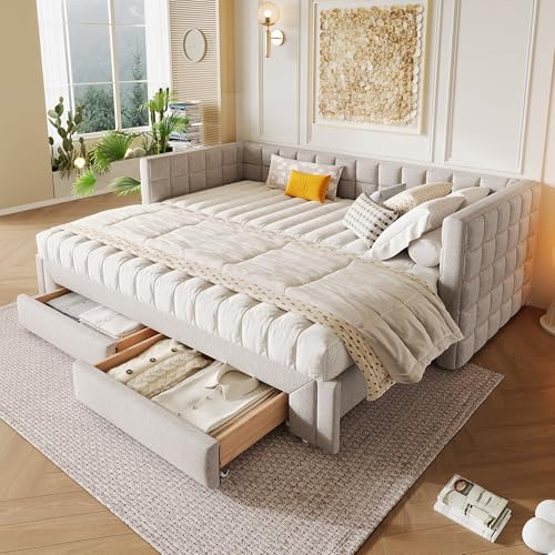 NovaFurnish Daybett, Tagesbett, 90x200cm, Sofabett mit quadratischer Rückenlehne, ausziehbares Bett (ausziehbar auf 180 Queensize), 2 Schubladen, ohne Matratze (Beige)