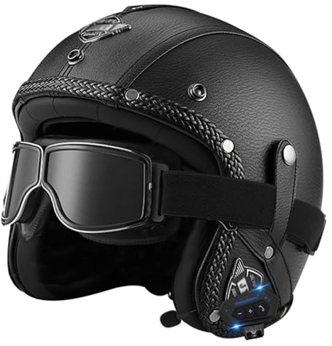 Motorcykel Öppen Bluetooth-hjälm Retro Jet Motorcykel Läderhjälm Med Modeglasögon Vuxen Halvhjälm ECE-godkänd Herr- Och Damhjälmar 3/4-tums Moped Scooter(B,M=(57~58cm))