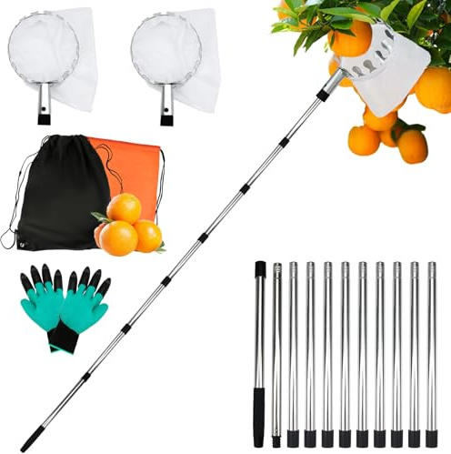 SHTALHST 4.2M Obstpflücker mit Teleskopstiel, Apfelpflücker, Kirschenpflücker für Kirschen, Pflaumenpflücker mit 2 Baumwollbeutel Diameter 16 cm, Obstpflücker für Ernteernte Apfel Zitrus Birnen