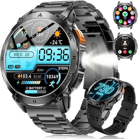 LIGE Smartwatch Herren mit LED-Licht/Anrufe, 730mAh Akku für 30 Tage Nutzung Smart Watch 3ATM Wasserdicht, 1,62'' HD AMOLED Display, 119 Sportmodi Schrittzähler Fitnessuhr für iOS Android, Schwarz