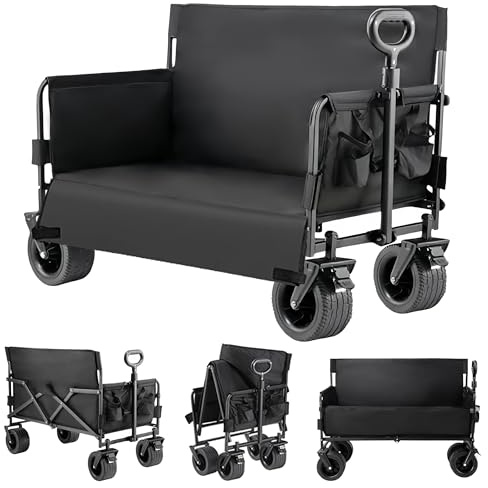 MoLi Bollerwagen Faltbar Umbaubar zur Bank, 445LBS Tragkraft Bollerwagen, Strandwagen Mit Rädern, Handwagen Mit Flexiblem Griff (Black)