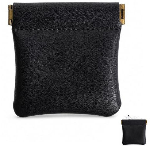 Livawnd Mini Leather Coin Purse - 3.5x3.5 Inch PU Leather Keychain Wallet with Zipper, Cable & Earbud Organizer Pouch for Men & Women (Black)