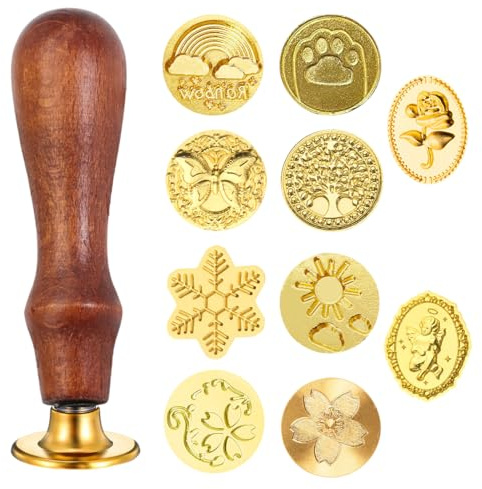 YAZWUR 10 Stück Klassischer Wachssiegel Stempel Set mit Holzgriff, Siegelwachs Stempel Kit, Wachs Siegel Stempel für Geschenk Einladungen Umschläge Briefe