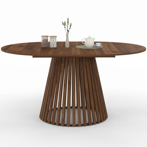 IDMarket - Esstisch, ausziehbar, rund, Carmen, 4-8 Personen, Fuß aus Nussbaum, Latten, Platte aus Nussbaum, 110 – 150 cm