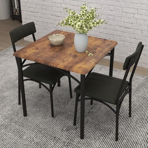 Koioplie Esszimmertisch-Set 1 Tisch 2 Stühle, Küchentisch mit gepolsterten Stühlen, kompaktes Esstisch-Set aus Holz und Eisengestell, platzsparend, pflegeleicht, einfache Montage, Retro Braun