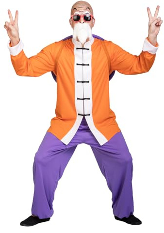 Funidelia Disfraz Oficial de Maestro Roshi - Dragon Ball para hombre, Pantalón, chaqueta, mochila, bigote con barba, gafas y calva - Traje para adultos para fiestas, Carnaval y Halloween - Talla XL